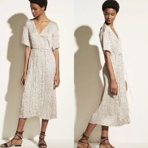 Vince Stone Dot Pleated Satin Short Sleeve V-Neck Dress